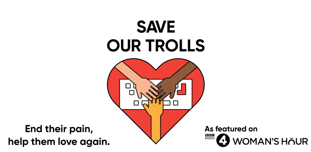 Campaign artwork showing hands joined in a heart over a computer keyboard